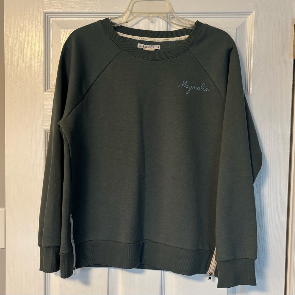 Magnolia Embroidered Logo Sweatshirt Women’s Med - Deep Green–Side Zipper Detail